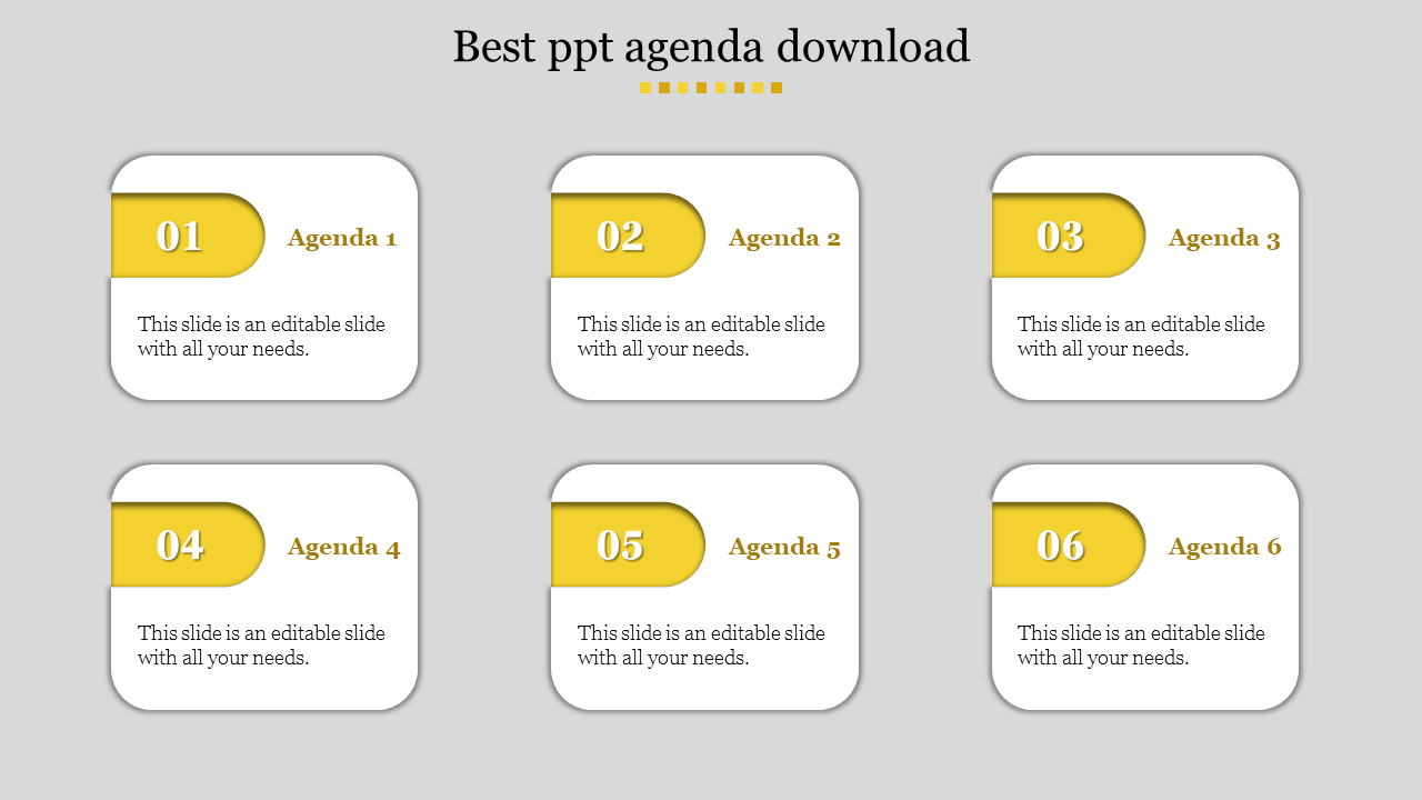 Elegant Best PPT Agenda Download With Six Nodes Slide