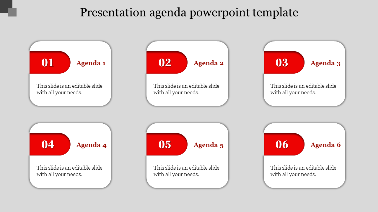 Agenda PowerPoint template with six rounded rectangular boxes, each with red numbered sections and placeholder text.