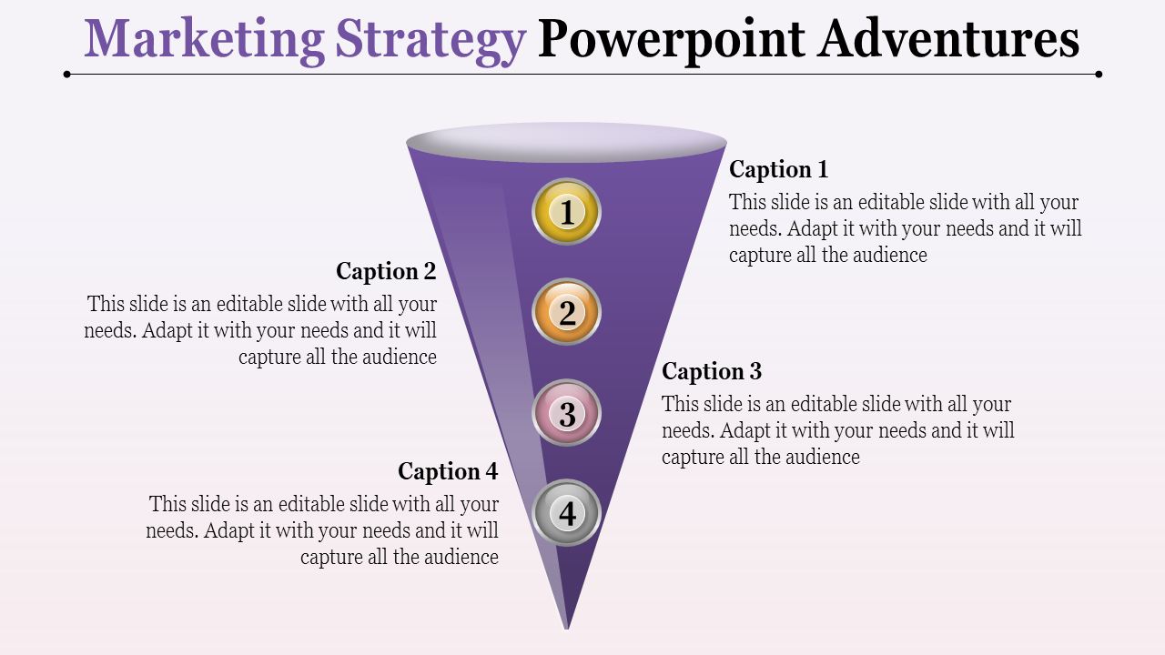 PowerPoint slide with a funnel diagram for marketing strategy, featuring four numbered sections with captions.