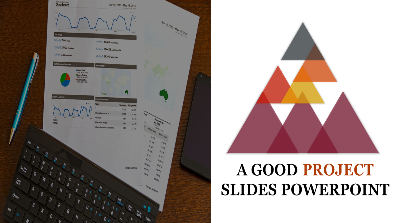 Split slide with a workspace image featuring a data analytics report and a stylized geometric pyramid graphic on the right.