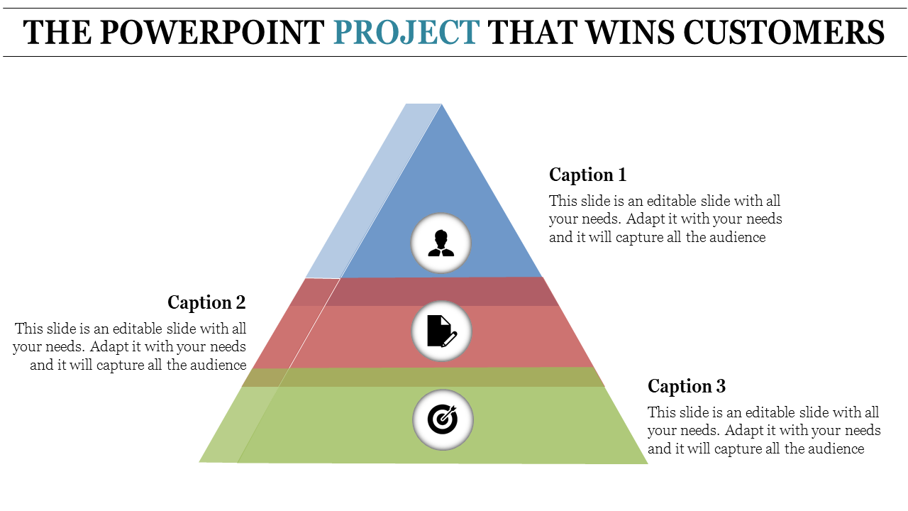 Triangular hierarchy chart with three segments: blue top, red middle, and green base, with caption areas.