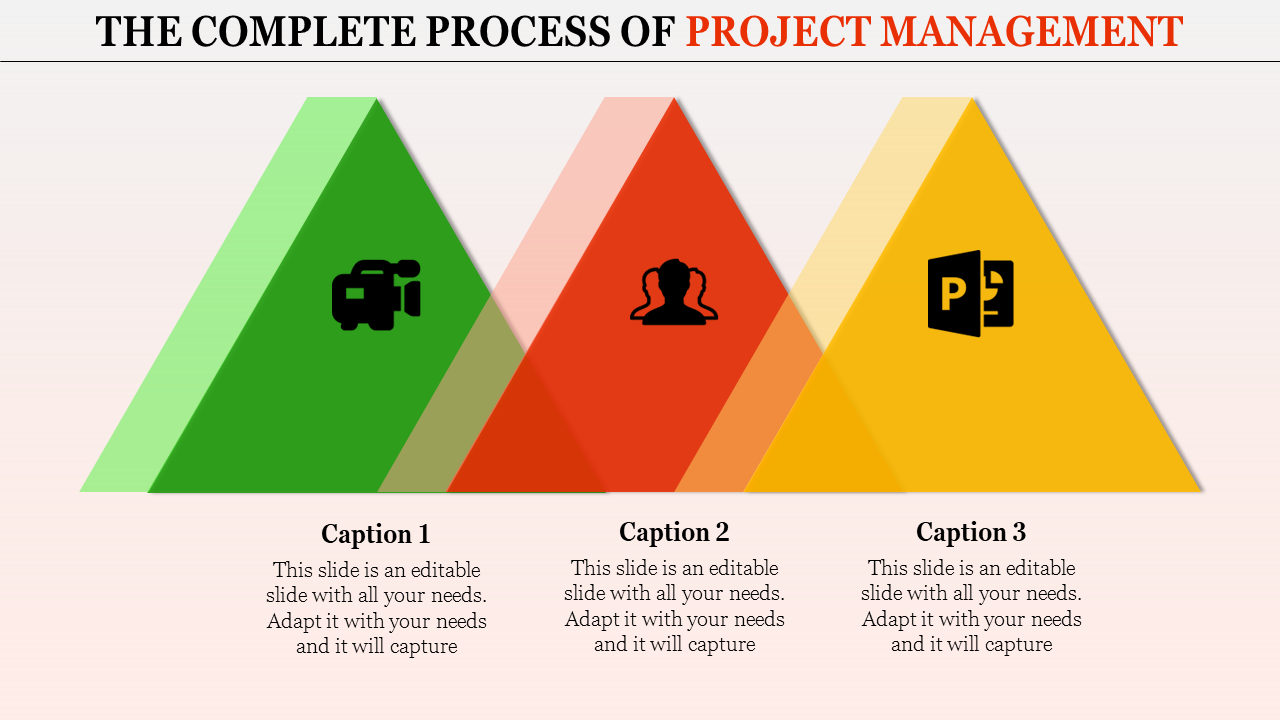 Three triangular segments illustrate key phases of project management, each with an icon for visual emphasis.