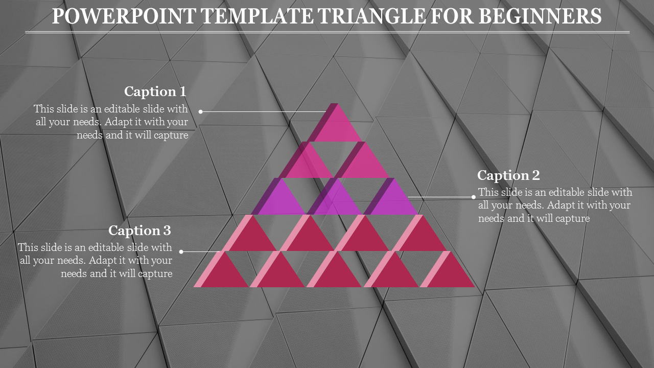 Gray background with a colorful triangular pyramid made of red and pink triangles, with three caption labels.