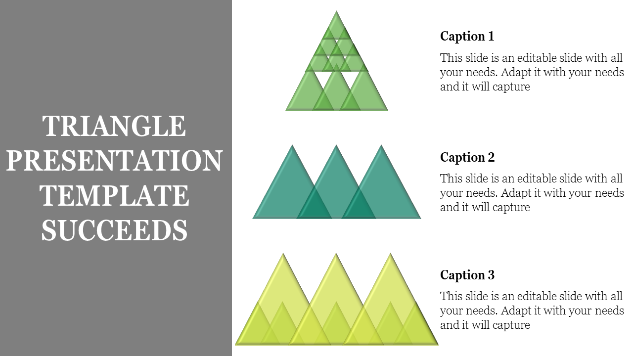 Three rows of green triangular shapes increasing in complexity from top to bottom, labeled with three caption areas.