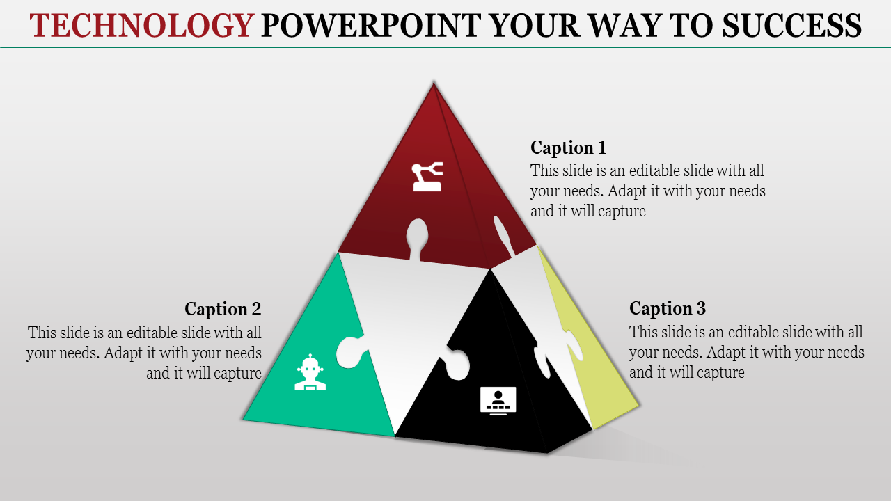 Four-section pyramid with puzzle shapes in red, green, black, and yellow, showing technology related icons.