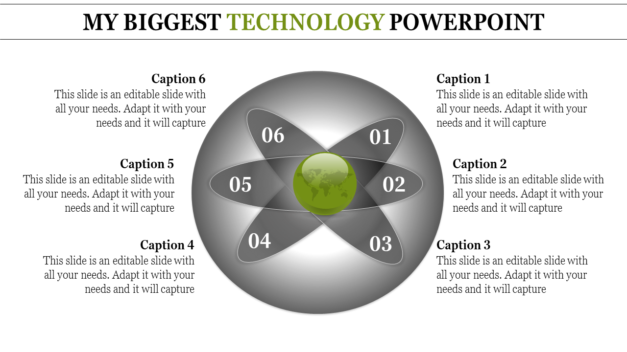 Technology PowerPoint template featuring six sections, with a globe in the center and numbered captions around it.