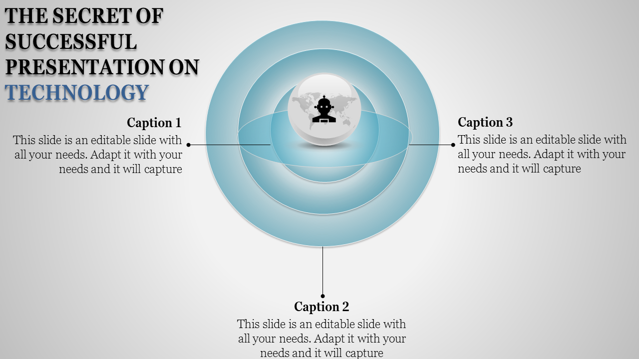 Technology PowerPoint slide with three sections surrounding a central globe and robot icon with captions.