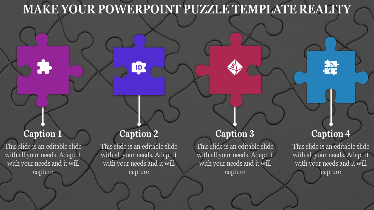 PowerPoint puzzle template with colorful puzzle pieces and captions with icons.