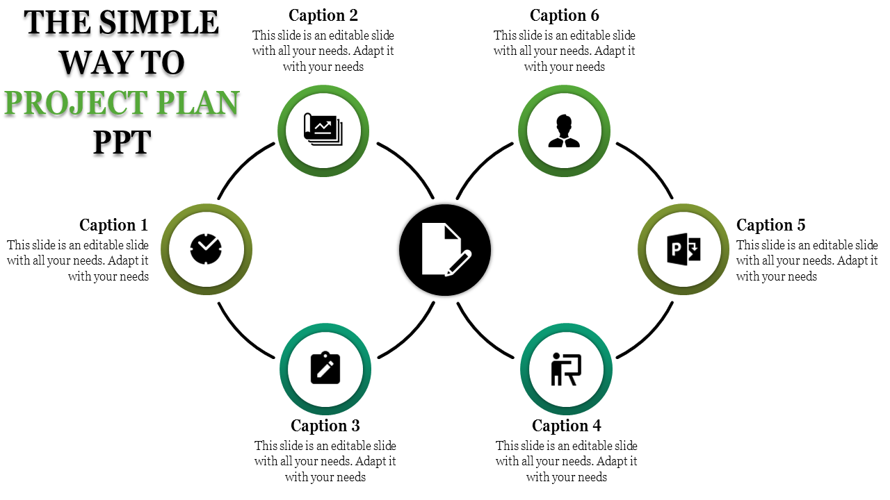 PowerPoint slide with circular icons representing a project plan, including elements with captions.