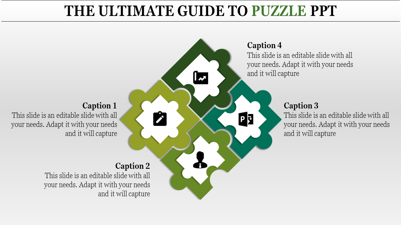 PowerPoint slide featuring puzzle pieces with icons for business tasks like planning, editing, and PPT with captions.