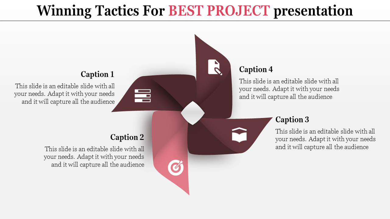 Best project pinwheel shaped graphic with four segments, each displaying an icon and placeholder text areas.