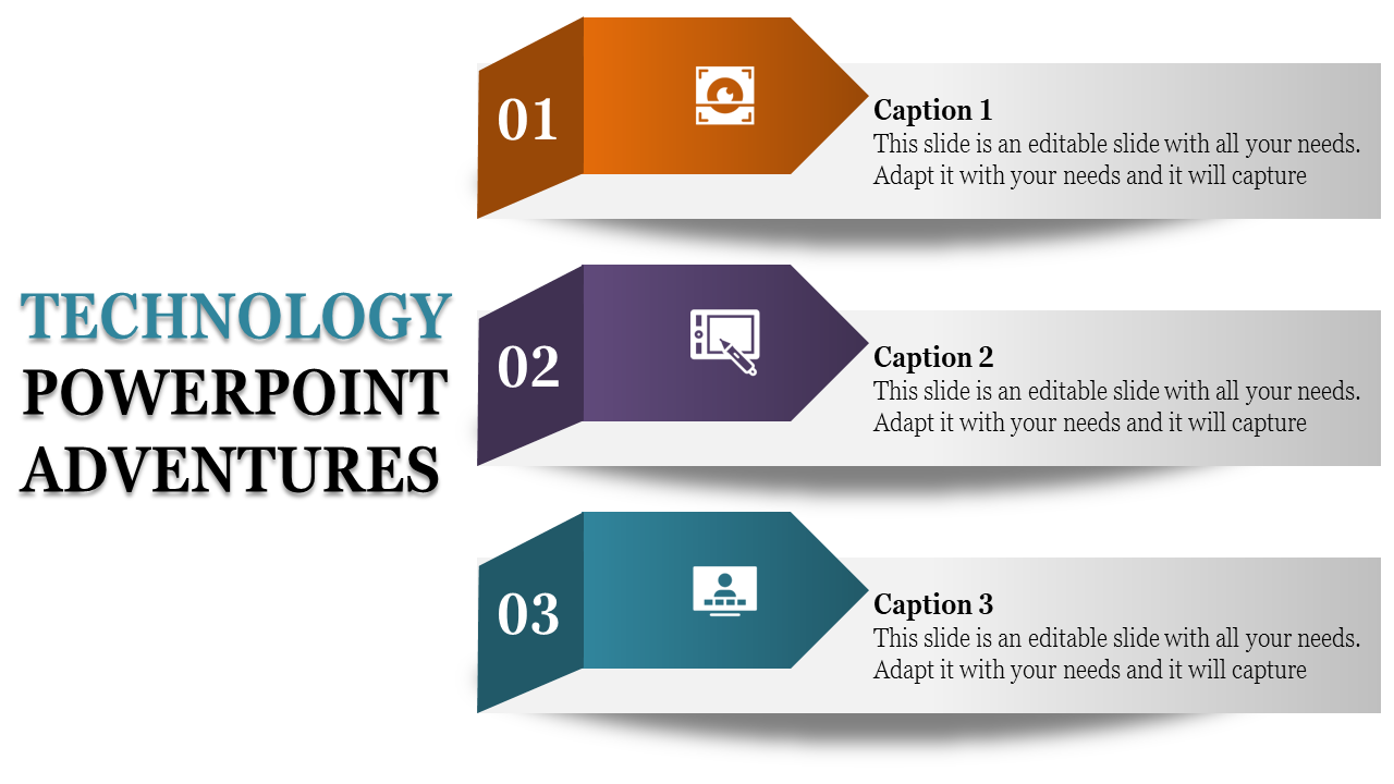 PowerPoint slide with colored arrows featuring technology related icons for project management, design, and communication.