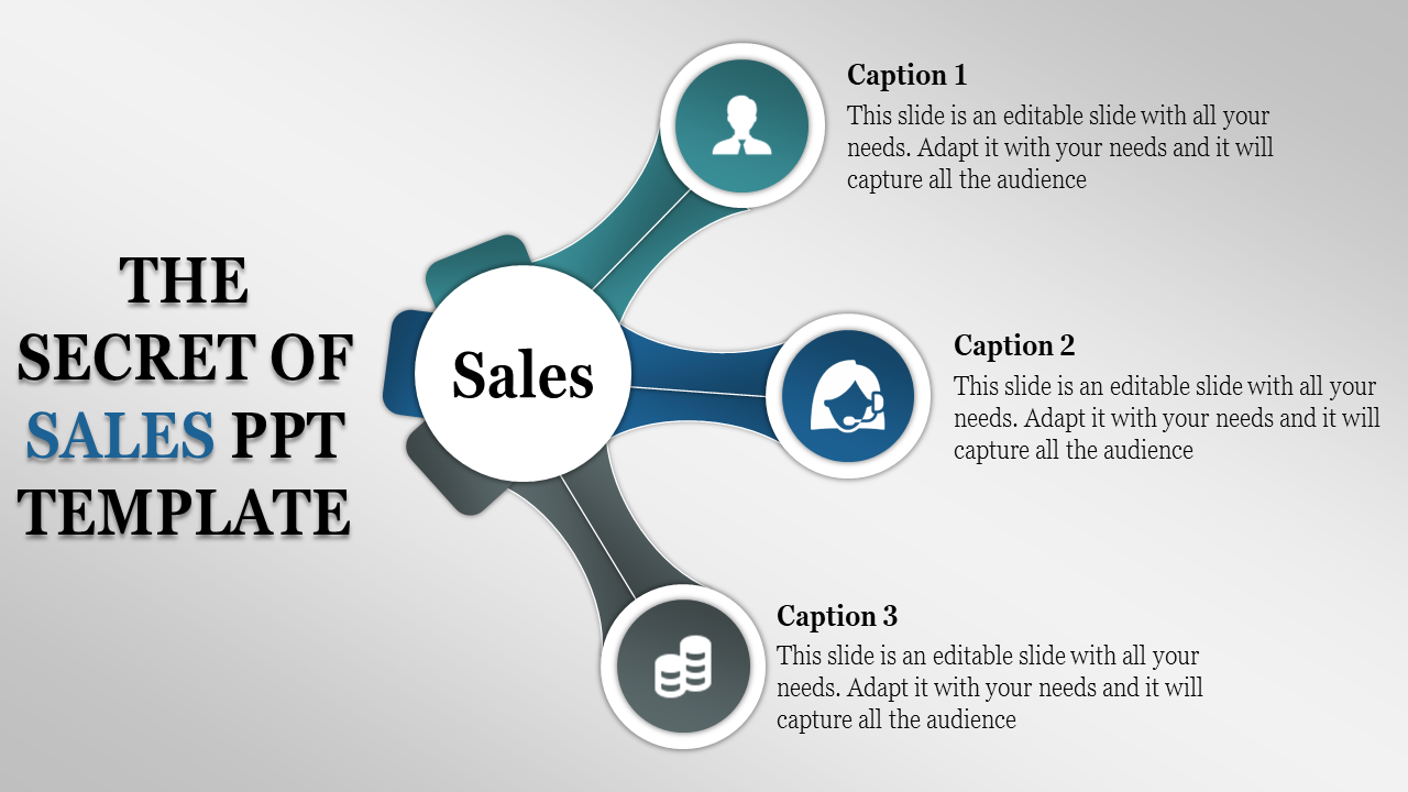 Sales PPT slide with three connected icons representing customer, support, and revenue, highlighting the sales process.