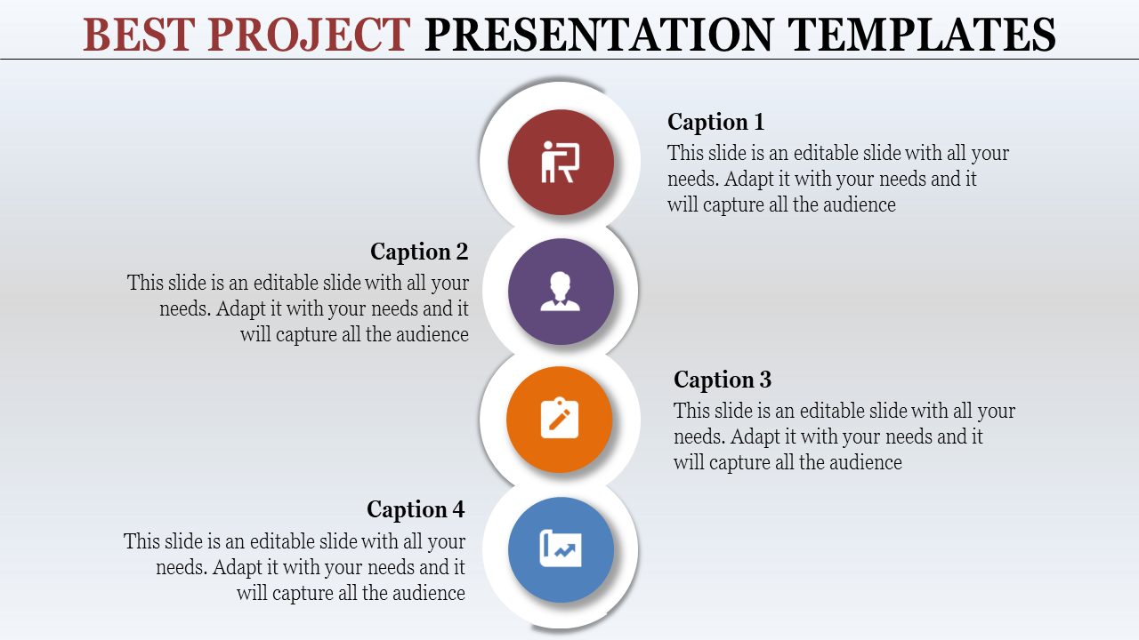 PowerPoint slide featuring four icons representing different aspects of project presentation, with space for captions.