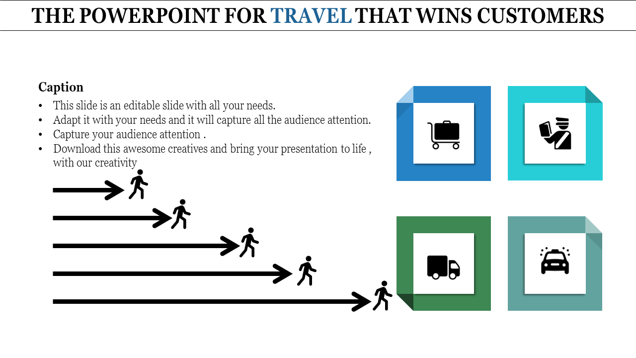 Travel themed slide with stick figures on steps and icons for luggage, passport, truck, and car within colored square design.