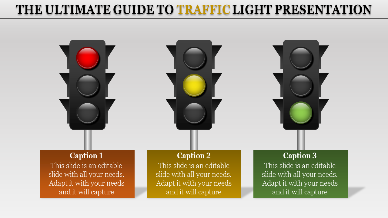 Slide showing three traffic lights, each with one light glowing in red, yellow, and green, and corresponding captions below.