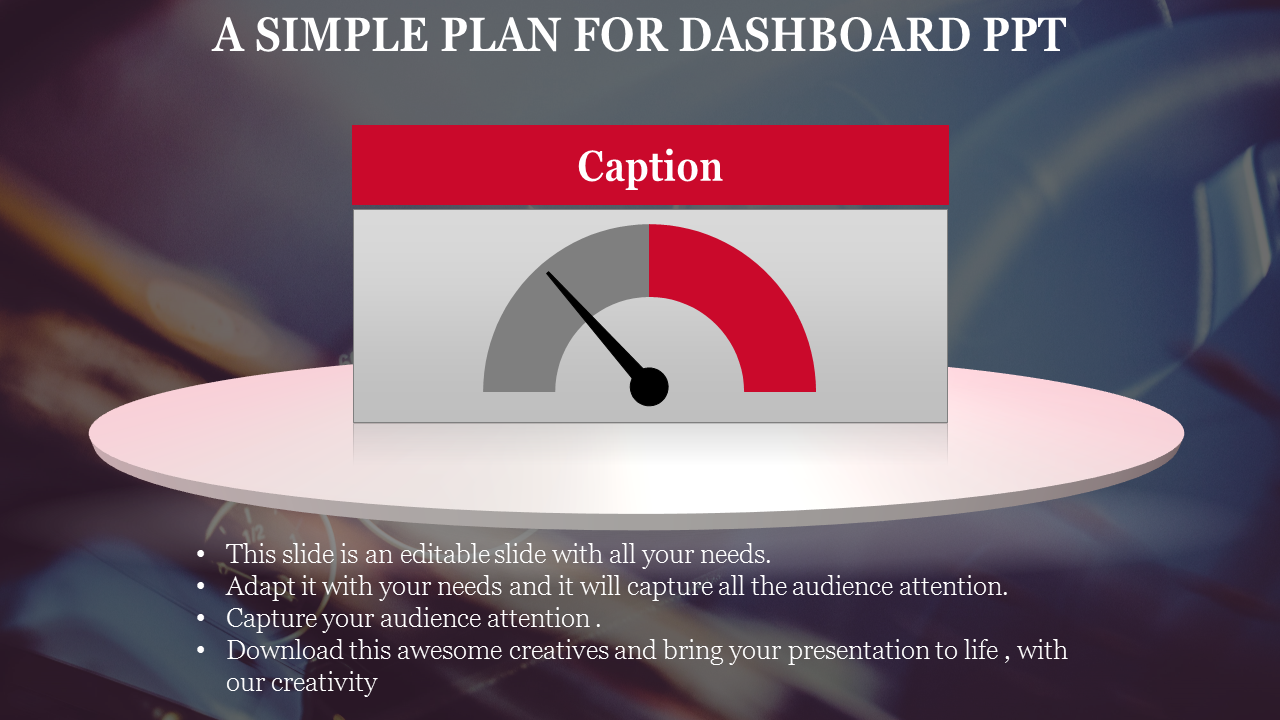 Dashboard template with a semi-circular gauge indicating performance with a blurred image and caption areas.