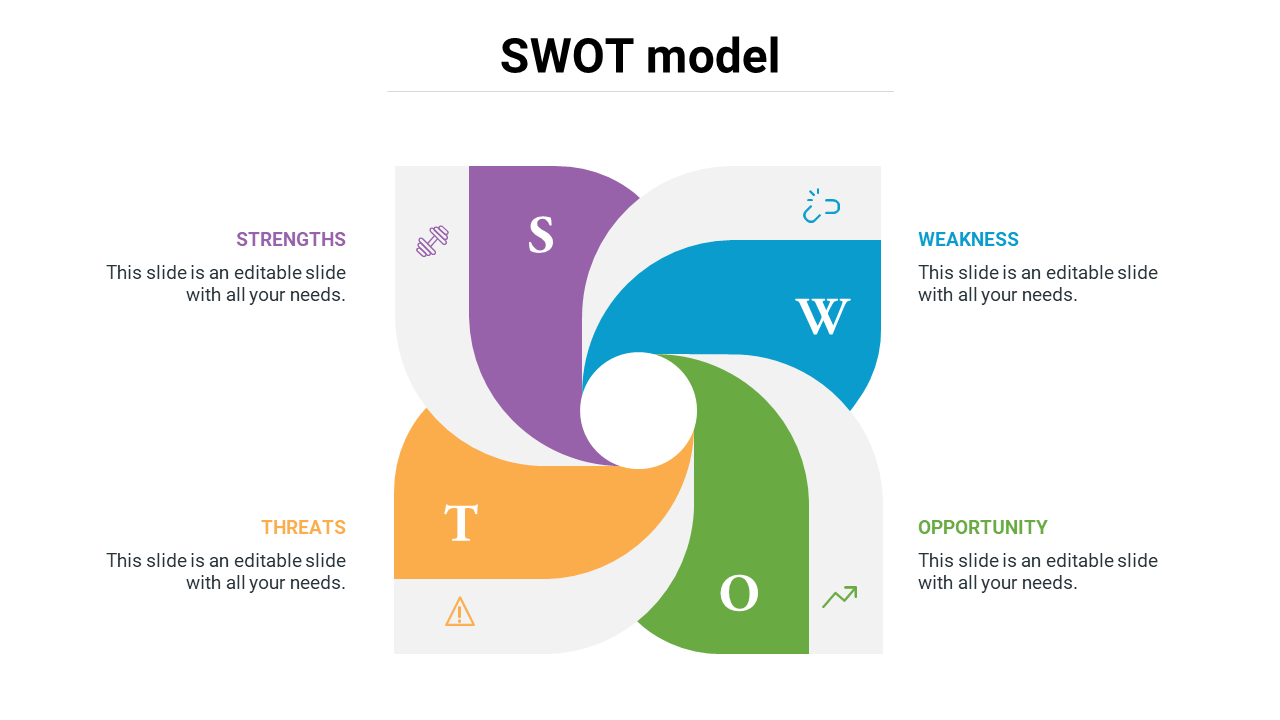 SWOT model PowerPoint slide with four colored sections for Strengths, Weaknesses, Opportunities, and Threats.