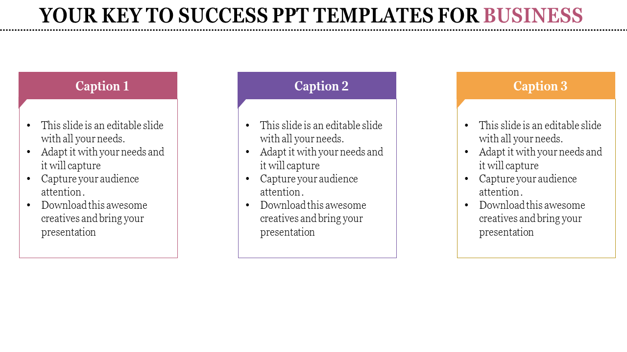 Three vertical rectangular boxes for business in red, purple, and orange with headings, bullet lists, and placeholder text.