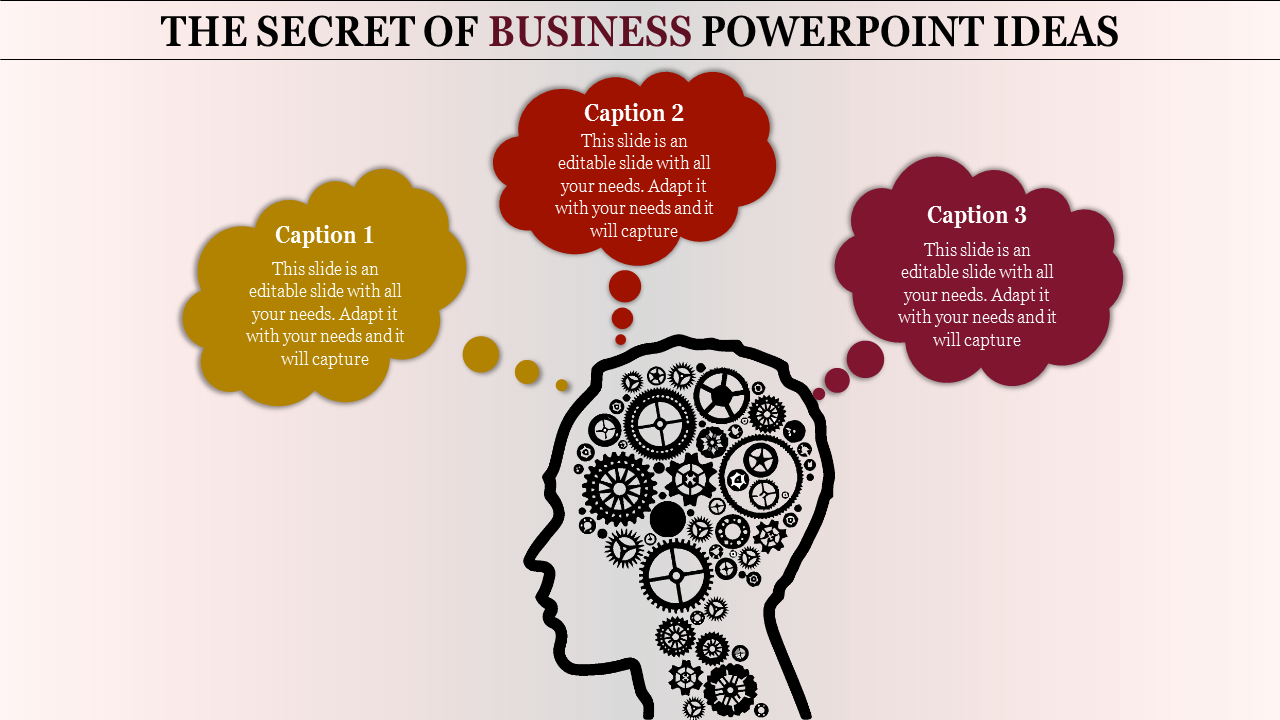 PowerPoint slide showing a silhouette of a person with gears inside the head and thought bubbles with business ideas.