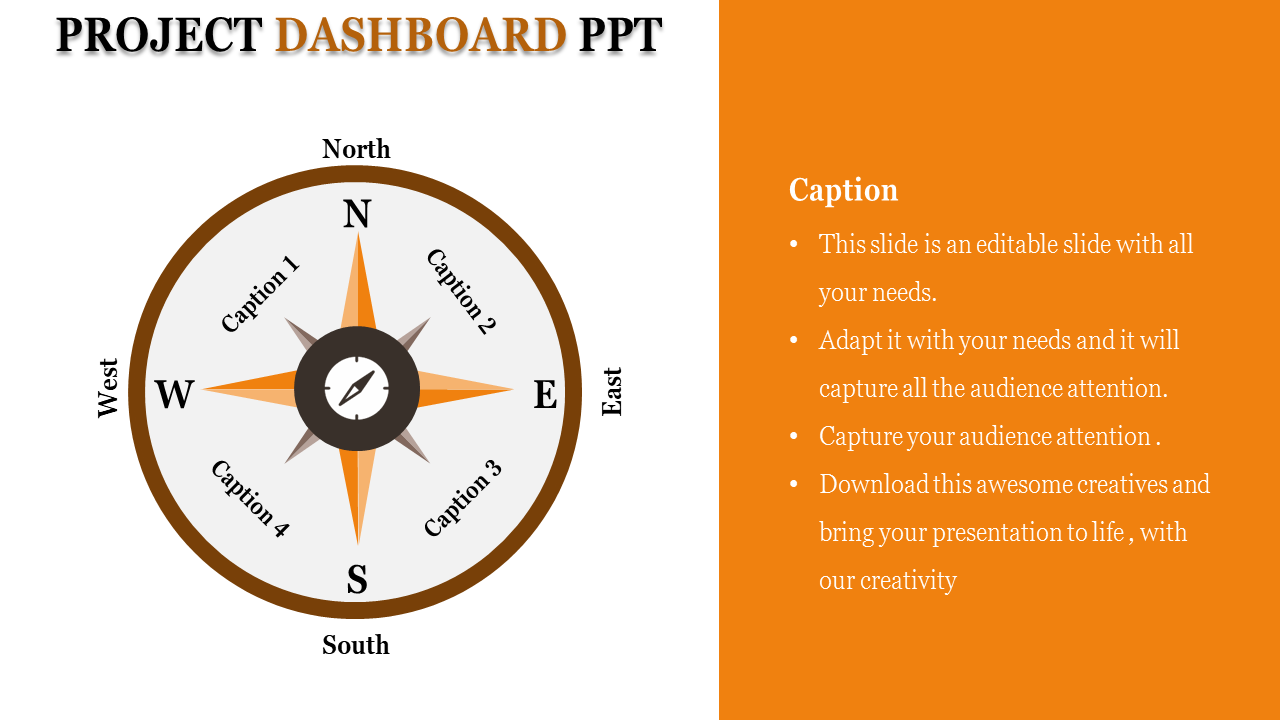 Project dashboard slide with a compass design,  featuring four labeled captions, and an orange sidebar for text.