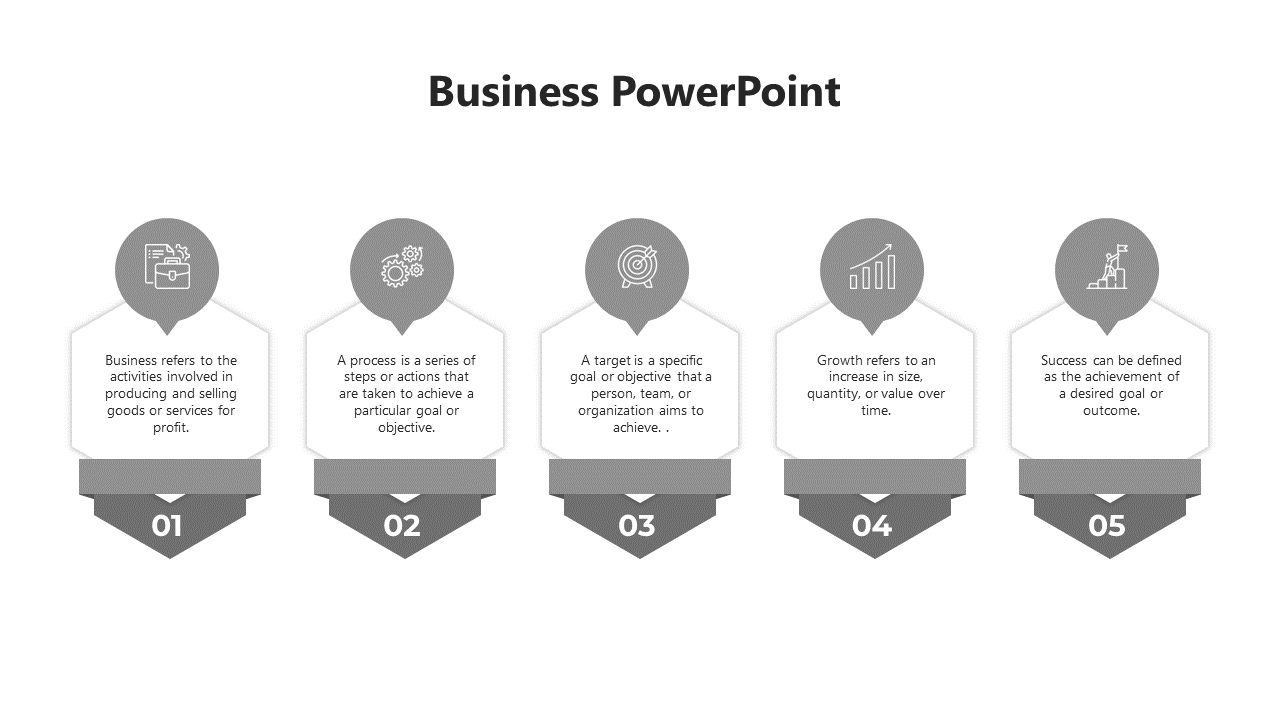 Grayscale PowerPoint template with five key business concepts Business, Process, Target, Growth, Success with text area.