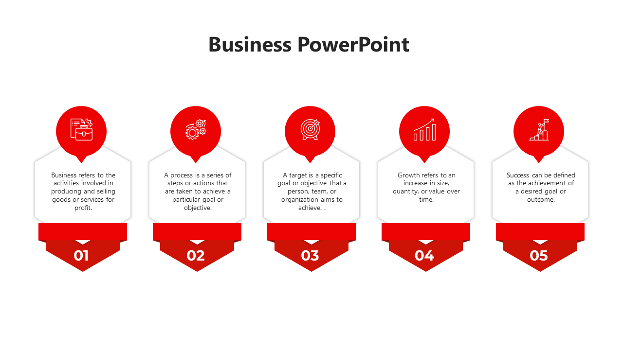 Red themed business slide with five steps, each labeled with an icon and numbered from 01 to 05 and descriptive text.