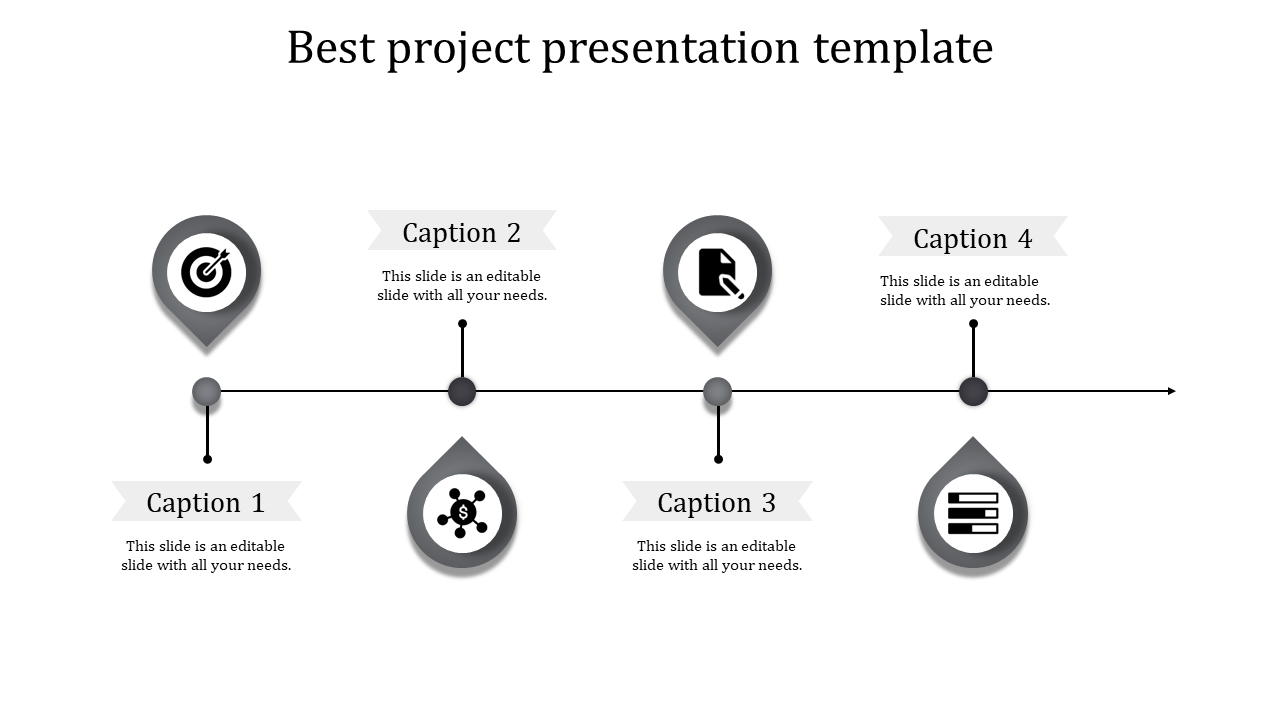 Minimalistic slide featuring four gray markers and captions aligned along a horizontal arrow layout.