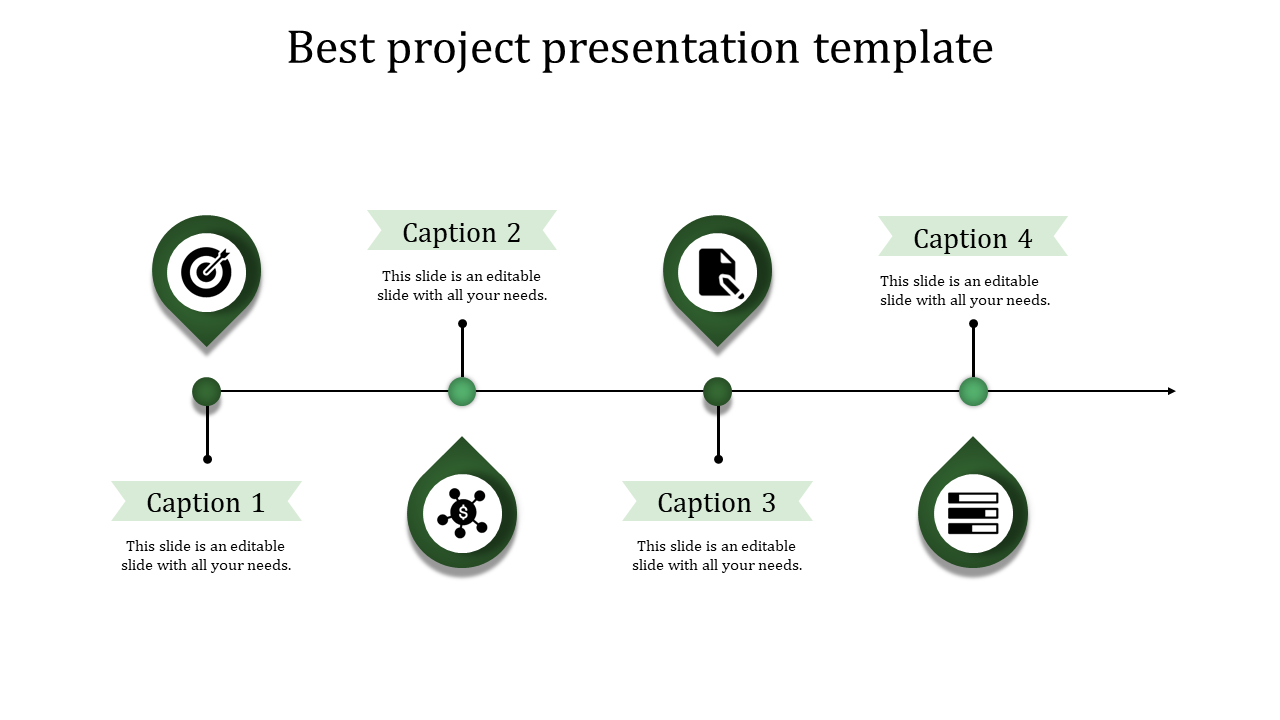 Project timeline template with icons representing goals, document creation, finances, and data with captions.