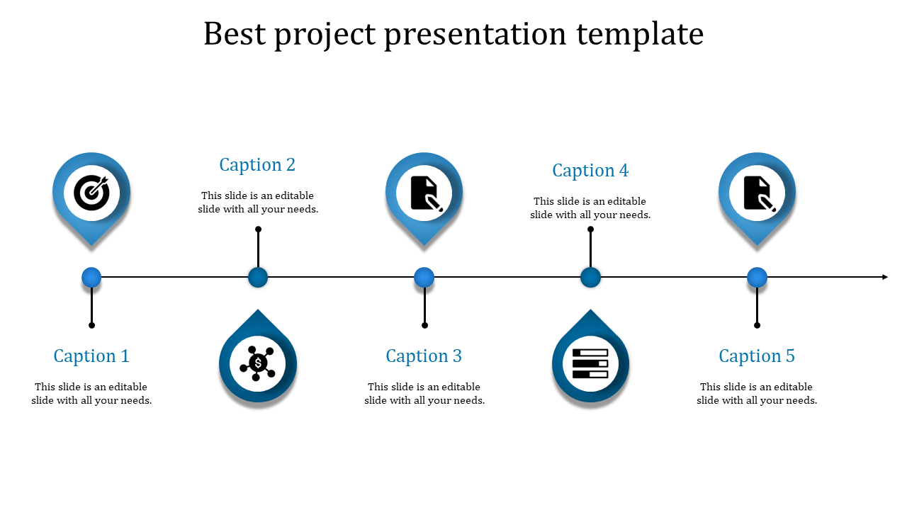 Project timeline template featuring five blue markers with unique symbols, spaced across a black line with caption areas.