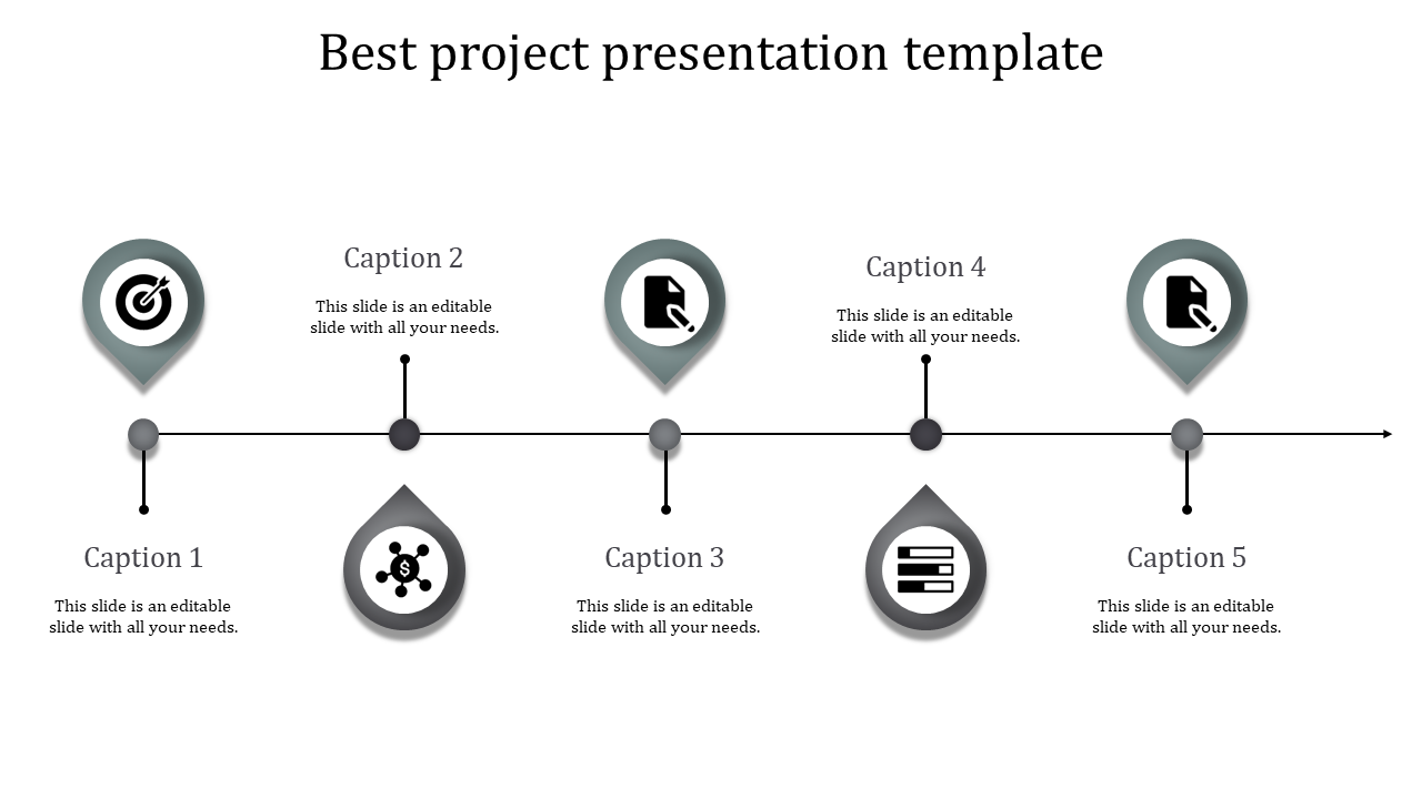 Linear project timeline featuring five gray drop-shaped markers with icons and caption areas for various steps.