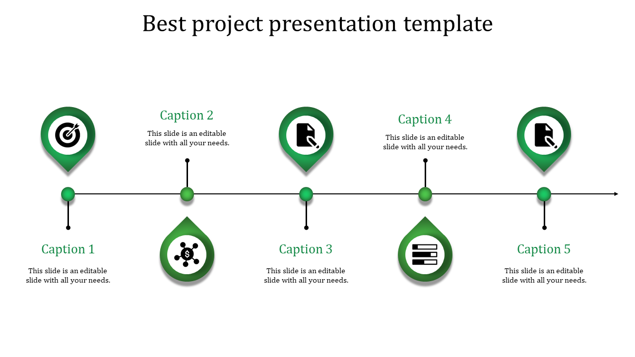 Best project slide featuring a horizontal timeline with five green icons and captions for key project milestones.