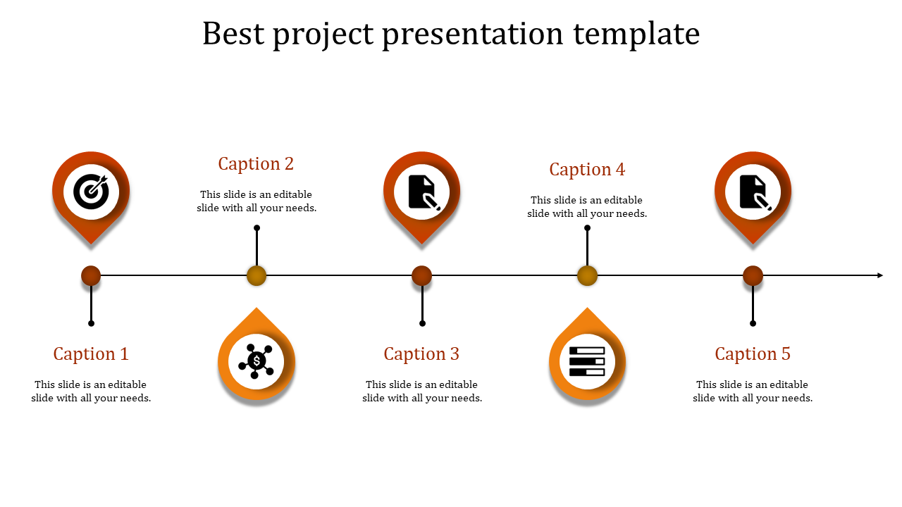 Horizontal timeline for best project with five orange markers, each containing an icon, with captions below.