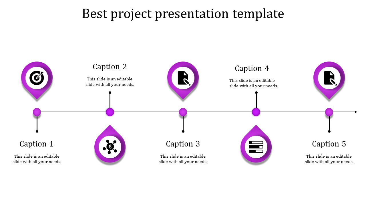 Purple themed project layout with five teardrop shaped markers, on a horizontal line showing steps and icons.