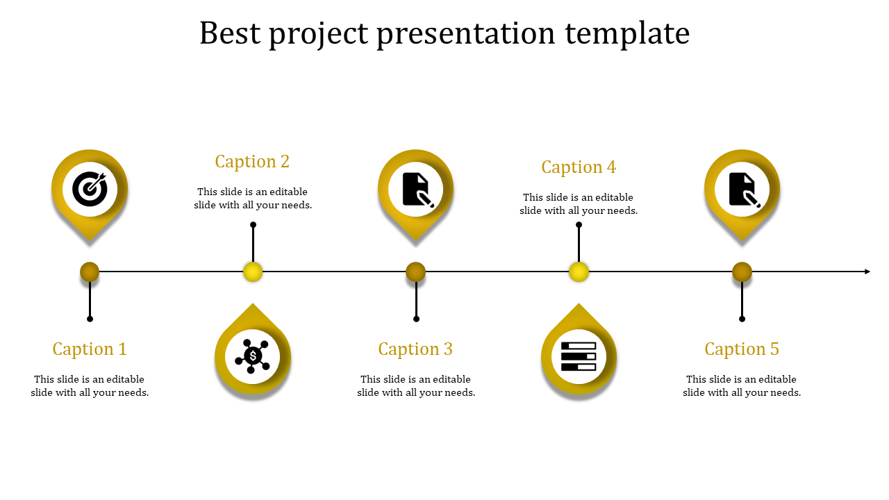 Timeline with five yellow icons in circular shapes  connected by a black line, each with a placeholder text areas.