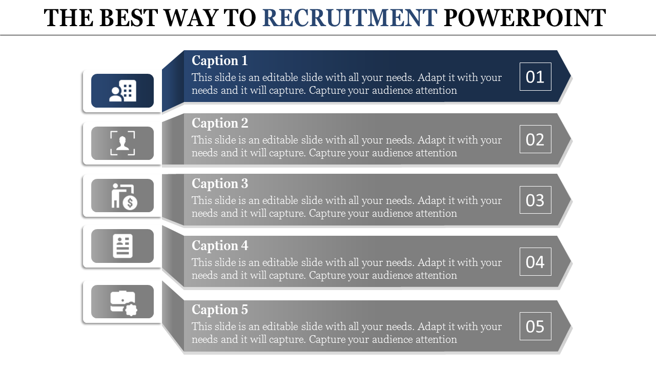 Recruitment slide with five numbered steps, featuring icons like profiles, target, money, checklist, and briefcase.