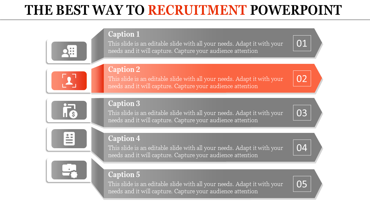 Slide showing a five step recruitment process, with step 2 emphasized in red and icons like profile, target, and settings.