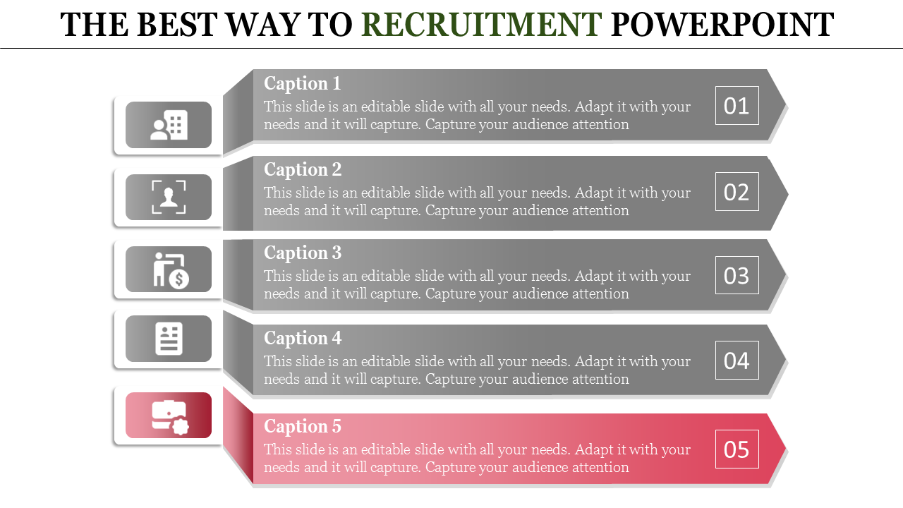 Recruitment PowerPoint slide with five sections featuring various icons and a layout with captions.