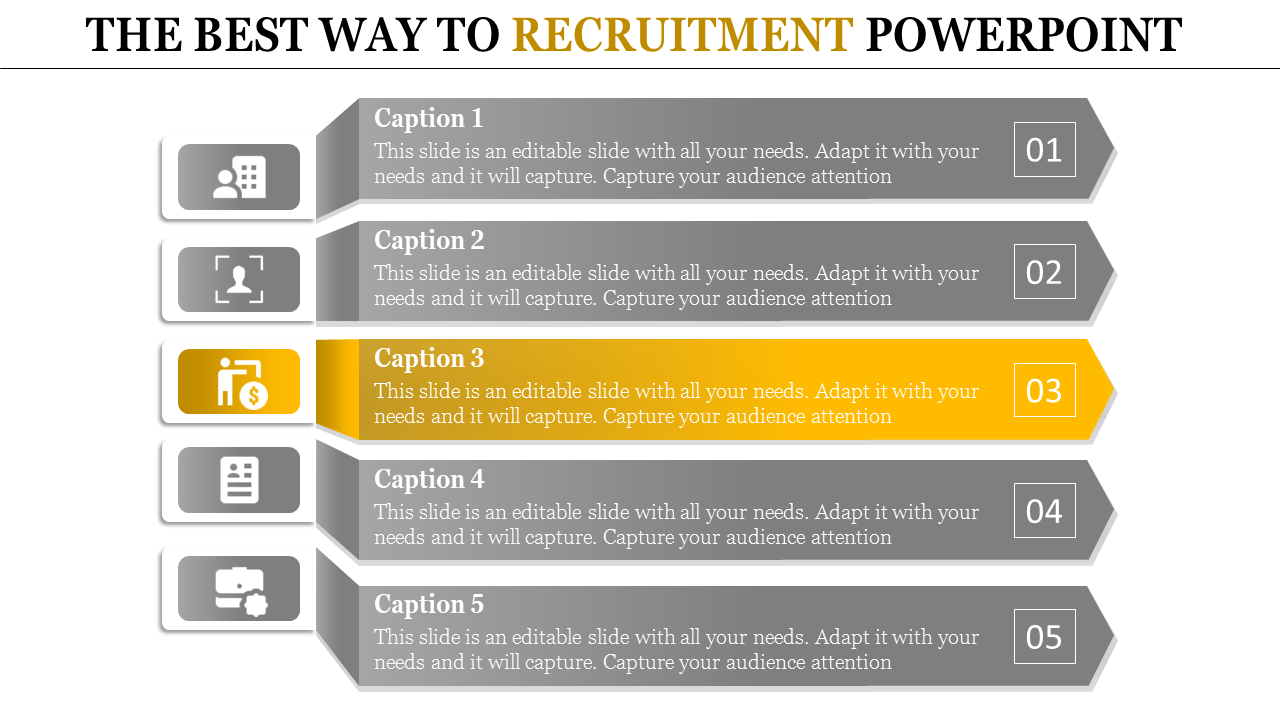 Recruitment PowerPoint slide with five sections, highlighting key aspects with icons and captions.