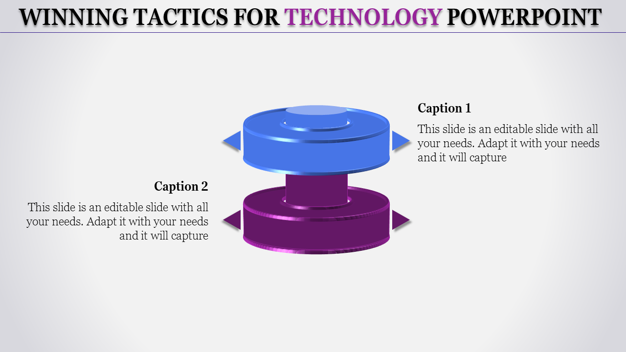 Technology PowerPoint template featuring two 3D discs with arrows pointing in opposite directions, labeled with captions.