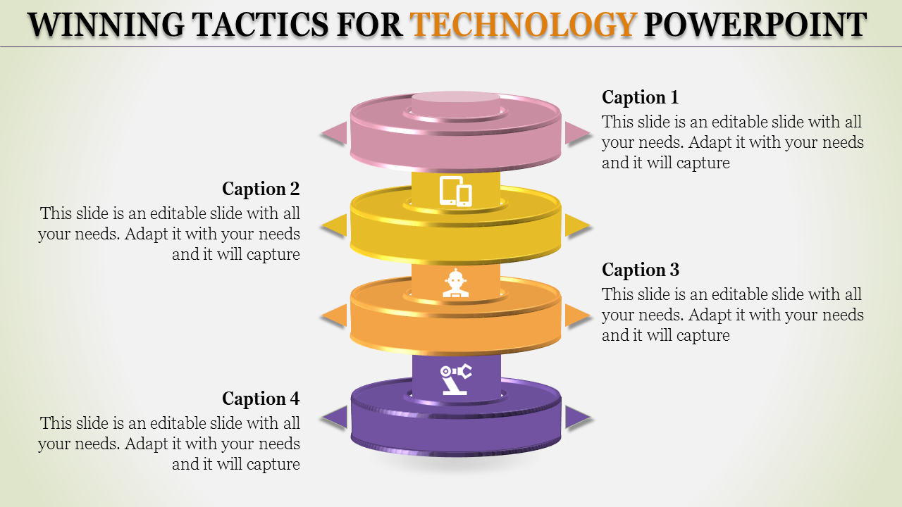 Technology PowerPoint slide featuring four stacked discs with icons representing mobile devices, AI, and robotics.