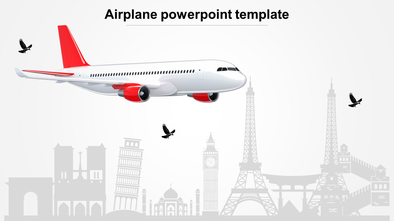 Slide design with featuring a flying airplane with a red tail, set against a backdrop of famous landmarks.