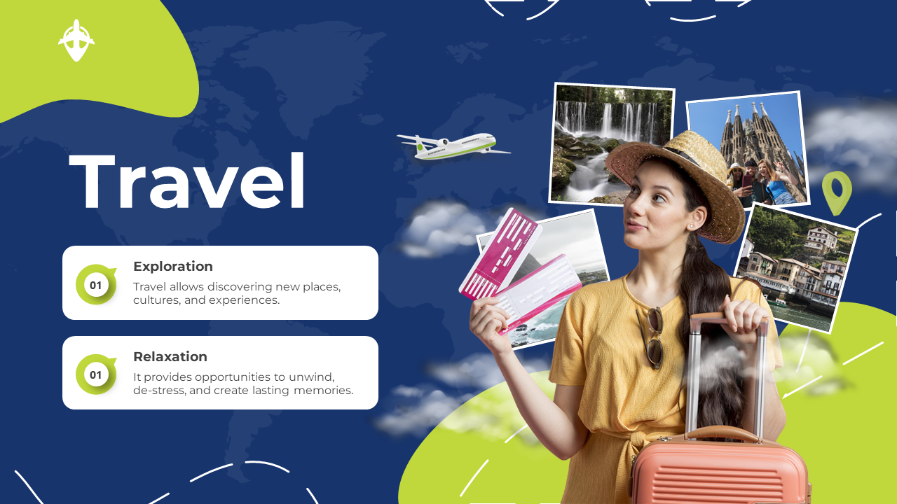 Travel themed slide with a woman holding tickets and luggage, surrounded by image of landmarks, waterfalls, and scenic views.