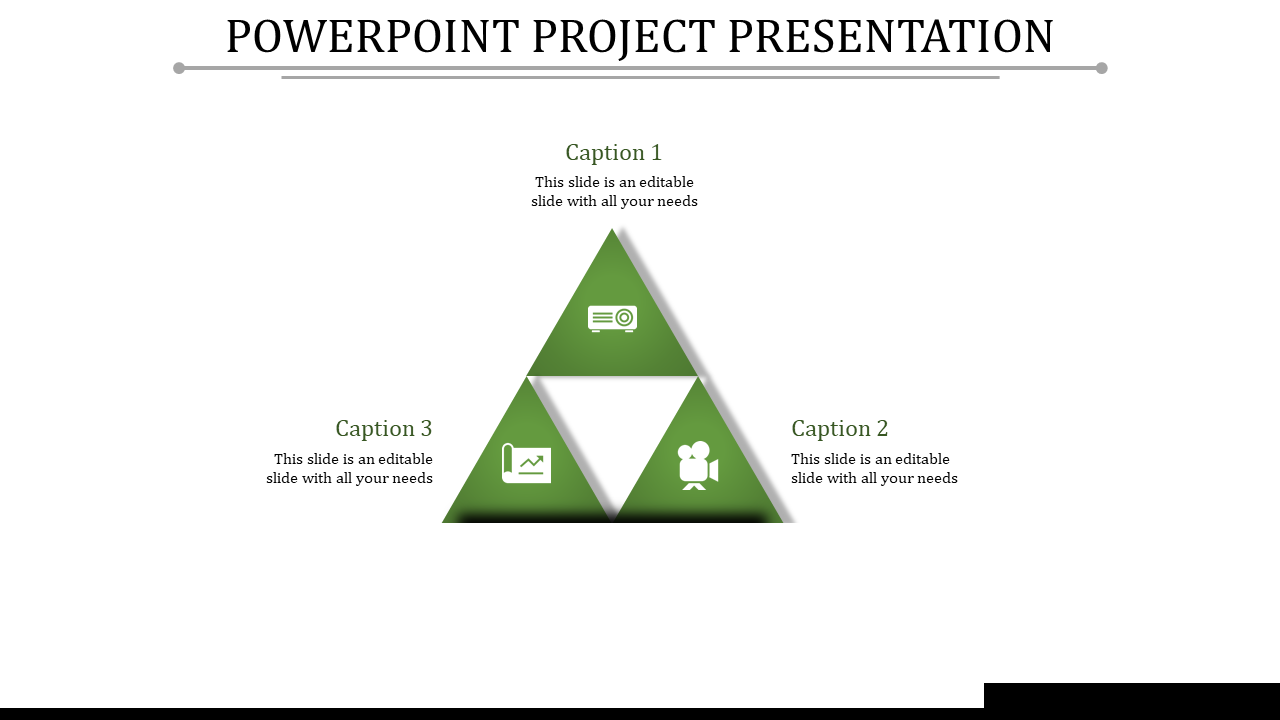 Triangular green project presentation template with icons and captions.