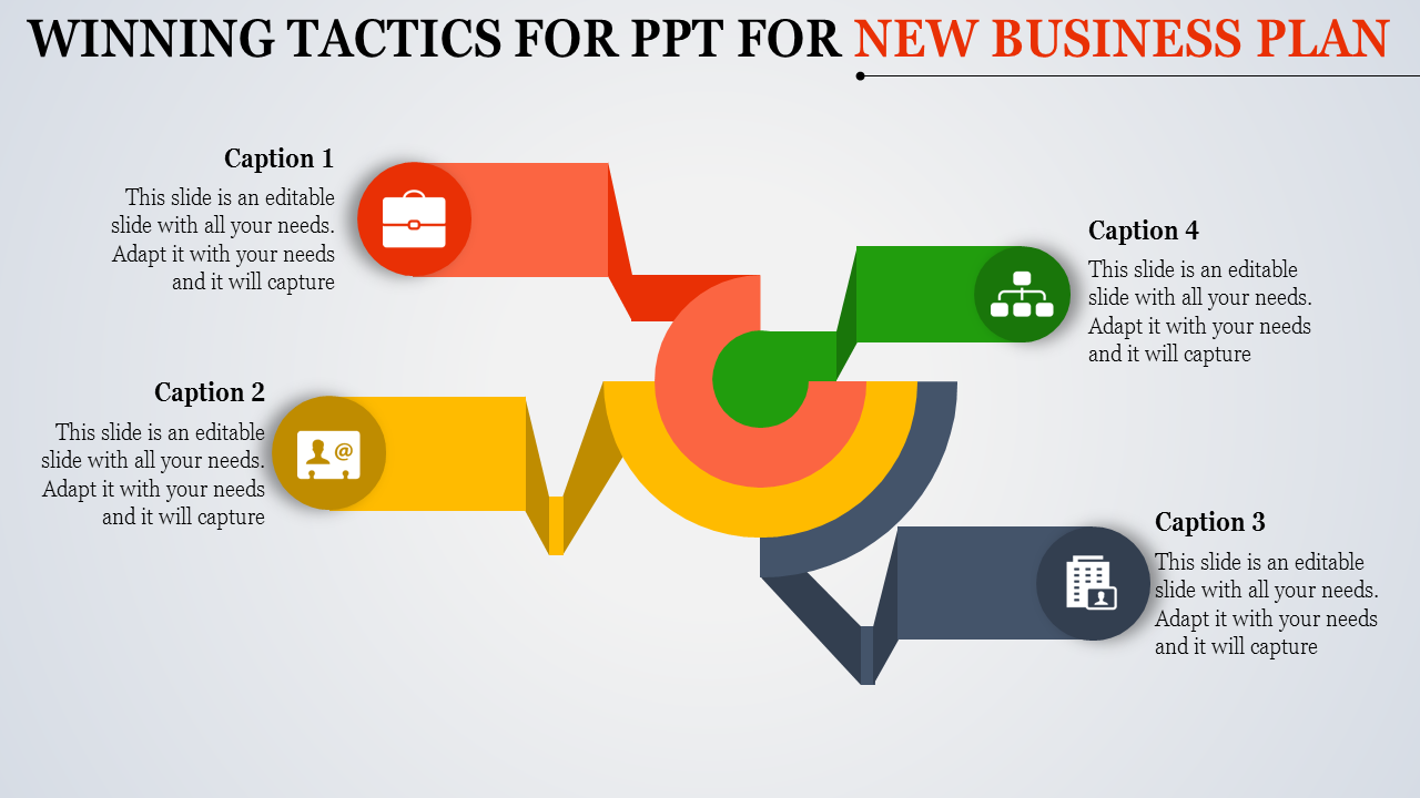 Business plan slide with four colorful captions labeled 1 to 4, arranged in red, yellow, green, and blue sections.