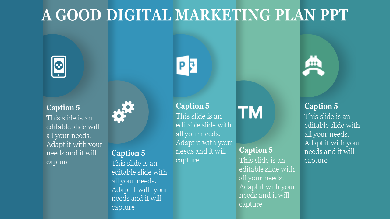 Modern digital marketing infographic with five panels showcasing circular icons each placed with caption areas.