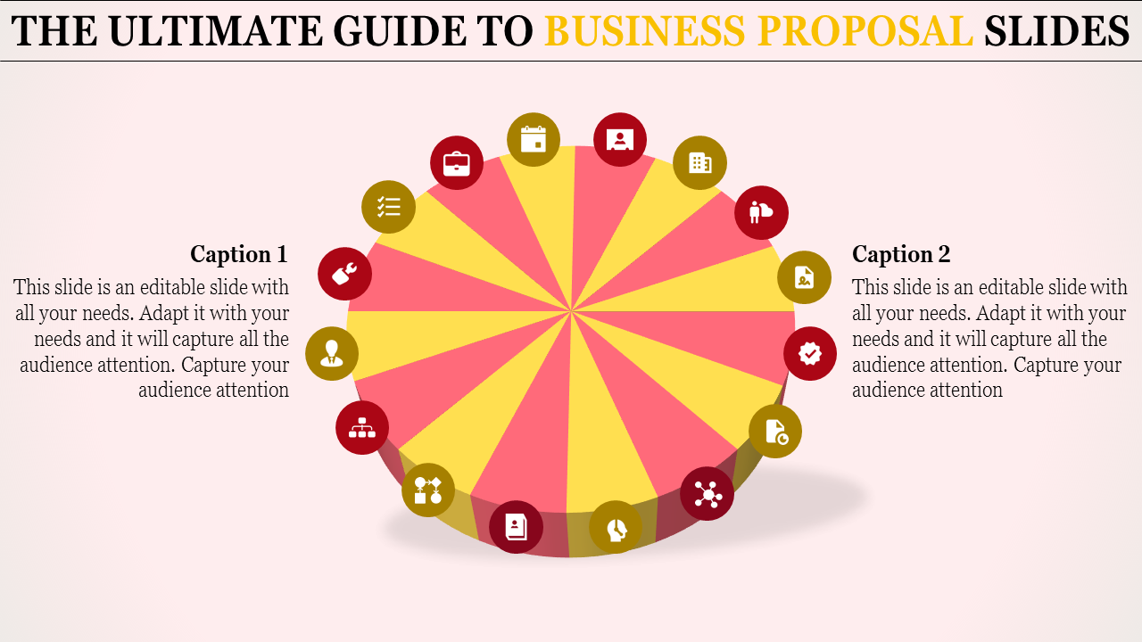 Business proposal slide with circular design divided into colorful segments, each representing different icons and captions.