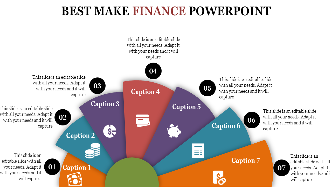 Finance slide with a segmented circular chart featuring captions, each representing key finance-related concepts with icons.