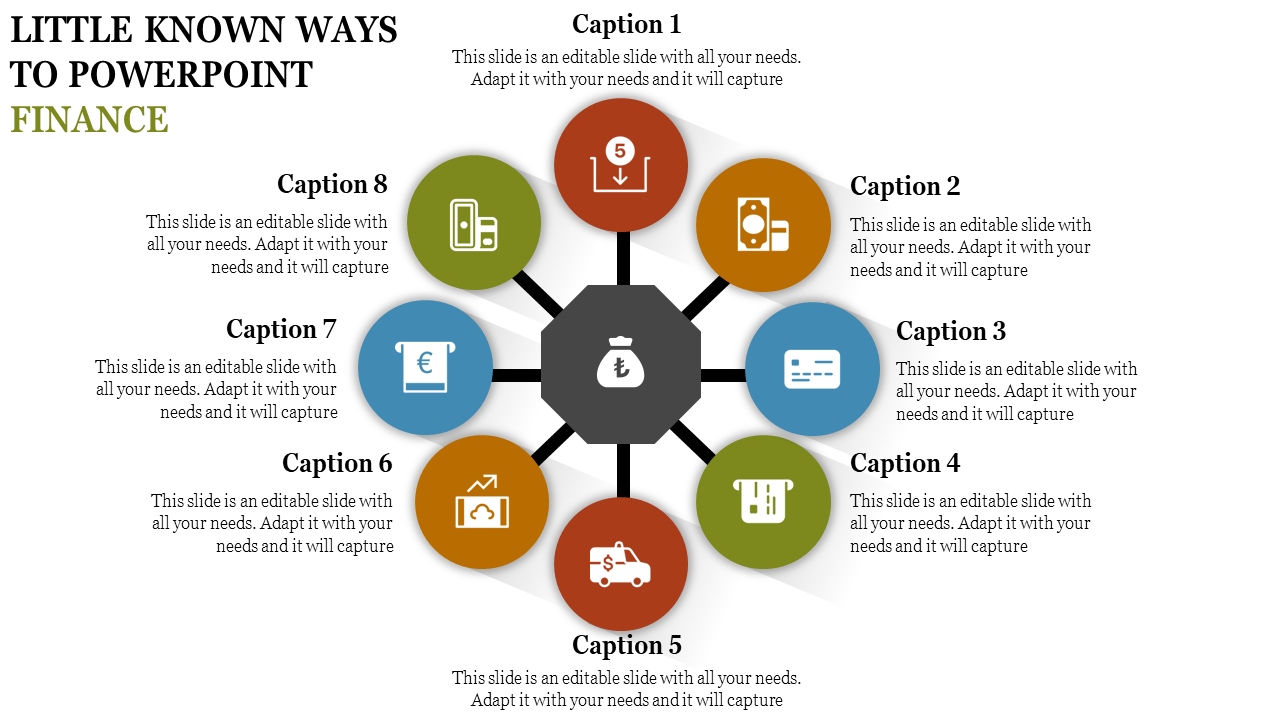 Financial themed infographic with a central money bag icon connected to eight circular sections, each with icons and caption areas.