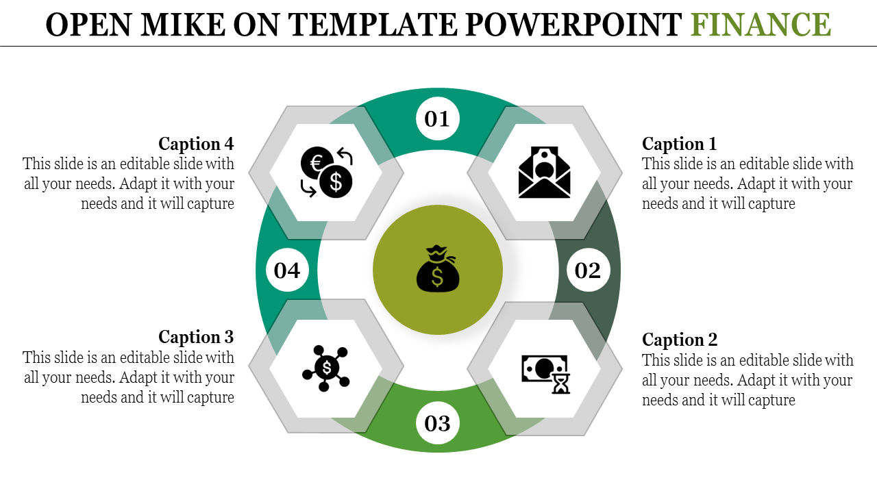 Finance themed PPT template with four hexagonal steps surrounding a central icon representing money with captions.